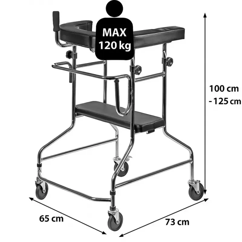 Reabilitacinis aukštas vaikštynė ActionMed B200AM – atraminė stovėsena su sėdyne, 4 ratai, reguliuojamas aukštis 100–125 cm, maks. apkrova 120 kg, rėmo plotis 65 cm