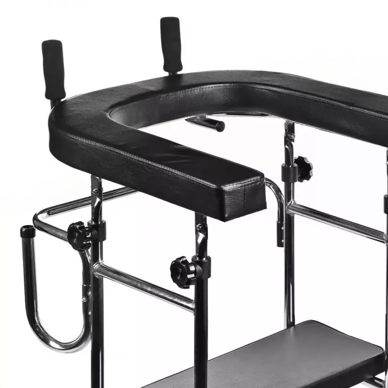 Reabilitacinis aukštas vaikštynė ActionMed B200AM – atraminė stovėsena su sėdyne, 4 ratai, reguliuojamas aukštis 100–125 cm, maks. apkrova 120 kg, rėmo plotis 65 cm
