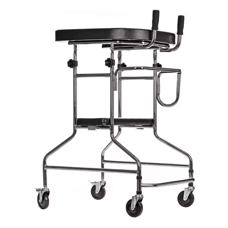 Reabilitacinis aukštas vaikštynė ActionMed B200AM – atraminė stovėsena su sėdyne, 4 ratai, reguliuojamas aukštis 100–125 cm, maks. apkrova 120 kg, rėmo plotis 65 cm