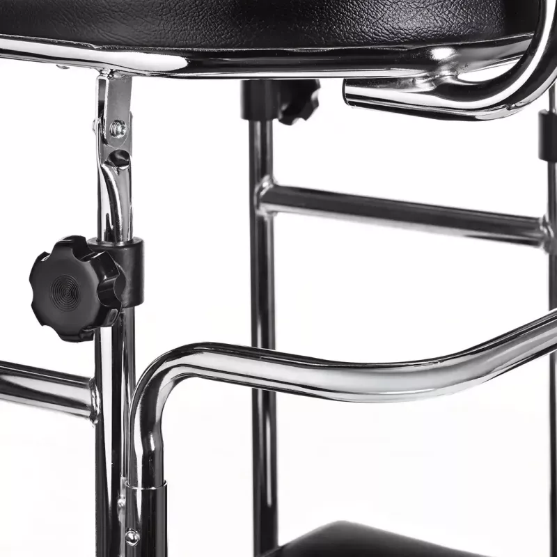 Reabilitacinis aukštas vaikštynė ActionMed B200AM – atraminė stovėsena su sėdyne, 4 ratai, reguliuojamas aukštis 100–125 cm, maks. apkrova 120 kg, rėmo plotis 65 cm