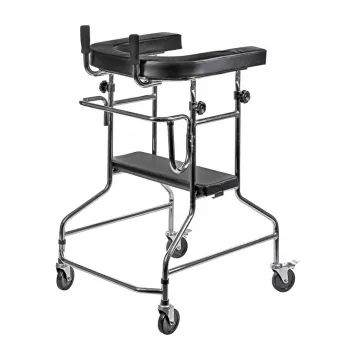 Reabilitacinis aukštas vaikštynė ActionMed B200AM – atraminė stovėsena su sėdyne, 4 ratai, reguliuojamas aukštis 100–125 cm, maks. apkrova 120 kg, rėmo plotis 65 cm
