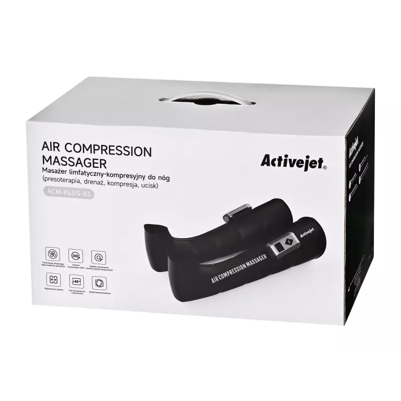 Limfodrenažinis masažuoklis kojoms ActiveJet ACM-PLUS-A1 S – baterija 25 W, įmontuota baterija, 330×840×60 mm, juoda/oranžinė