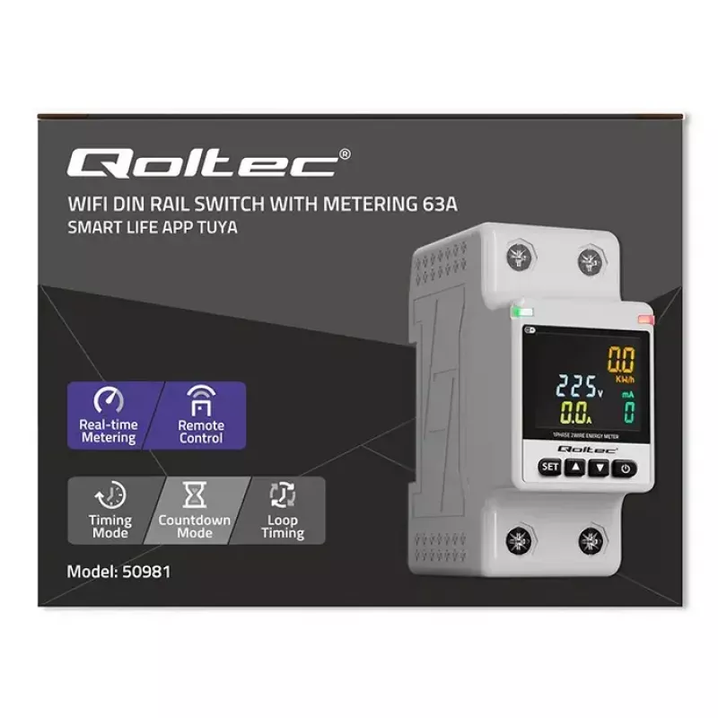 Vienfazis energijos suvartojimo matuoklis QOLTEC 50981 DIN35 230V 50Hz