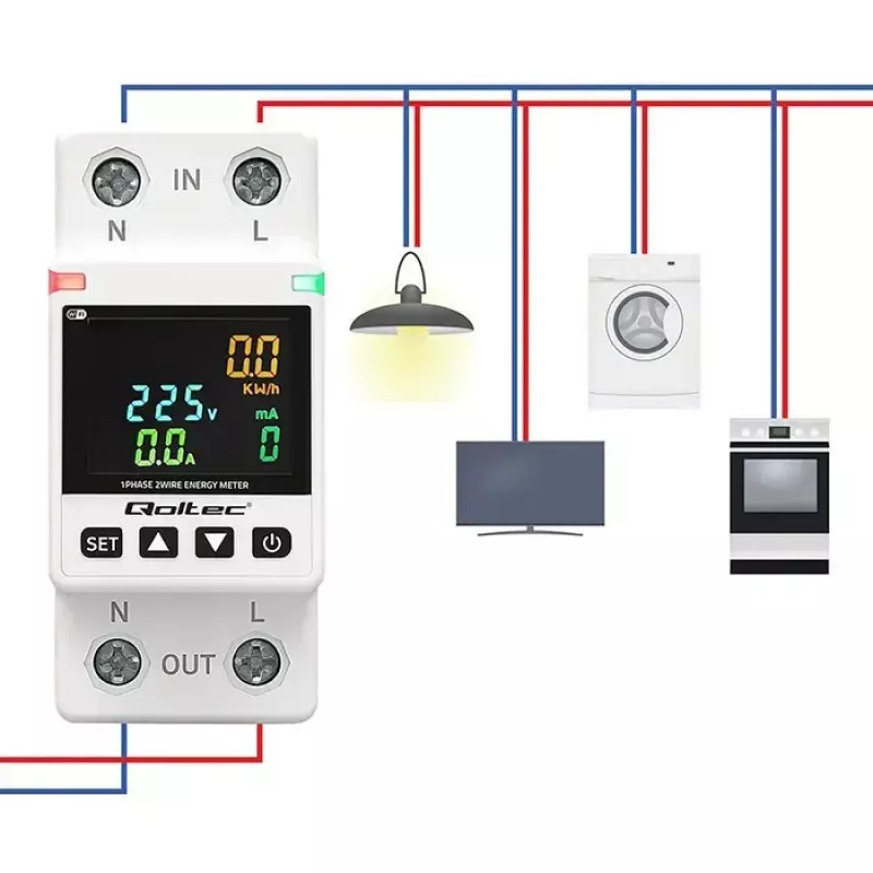 Vienfazis energijos suvartojimo matuoklis QOLTEC 50981 DIN35 230V 50Hz