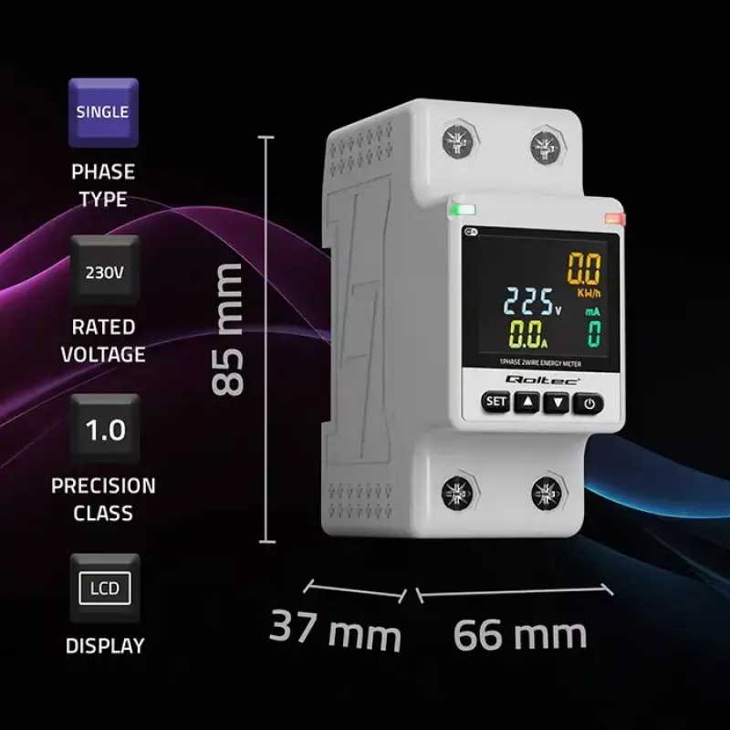 Vienfazis energijos suvartojimo matuoklis QOLTEC 50981 DIN35 230V 50Hz