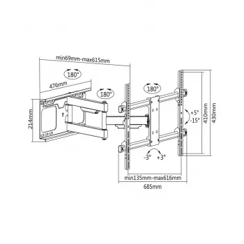 Sieninis TV laikiklis Cabletech LEC-UCH0205 37–70 colių, VESA 600x400, apkrova 60 kg, juodas