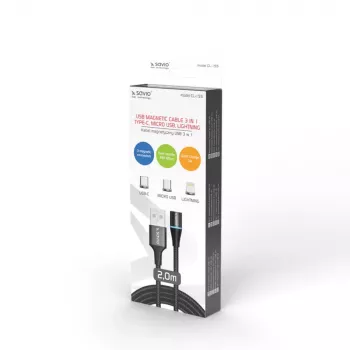 USB 2.0 laidas SAVIO CL-155, USB A į keičiamą USB-C / Micro-USB B / Lightning, 2 m, juodas