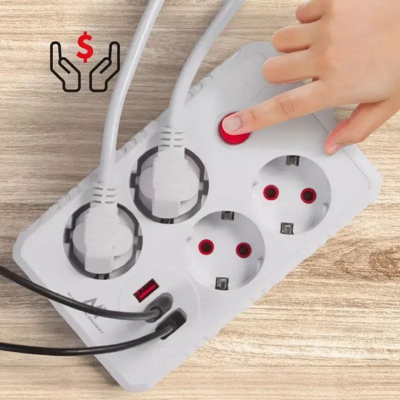 Maitinimo juosta MACLEAN MCE393 W — 4 lizdai + 3×USB, 110–240V, 2,1A USB, 2500W, 3 m, balta