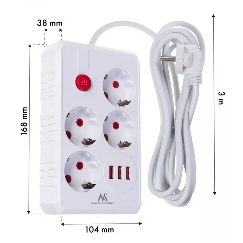 Maitinimo juosta MACLEAN MCE393 W — 4 lizdai + 3×USB, 110–240V, 2,1A USB, 2500W, 3 m, balta