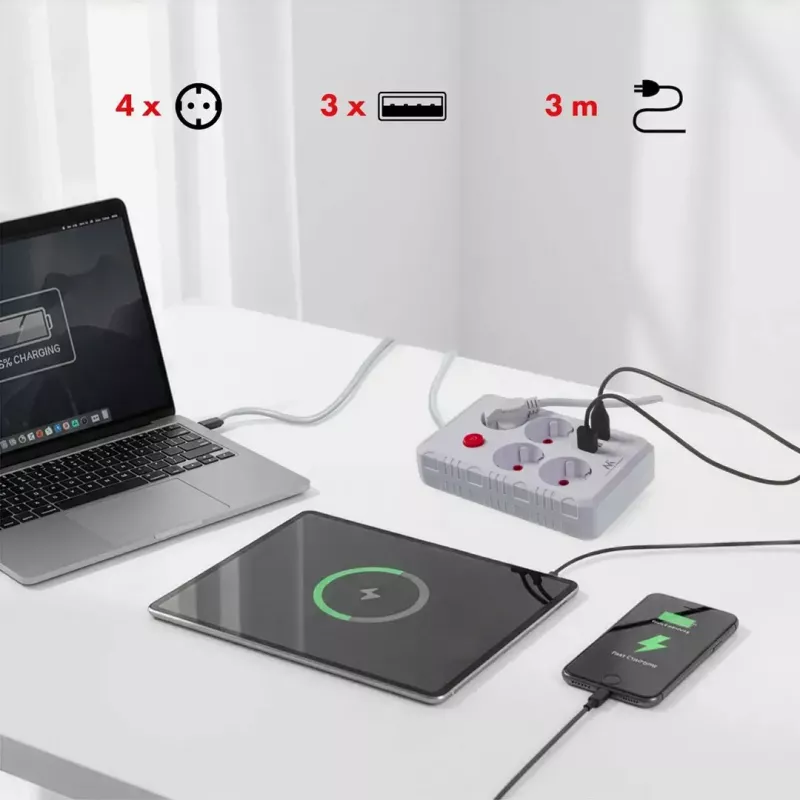 Maitinimo juosta MACLEAN MCE393 W — 4 lizdai + 3×USB, 110–240V, 2,1A USB, 2500W, 3 m, balta