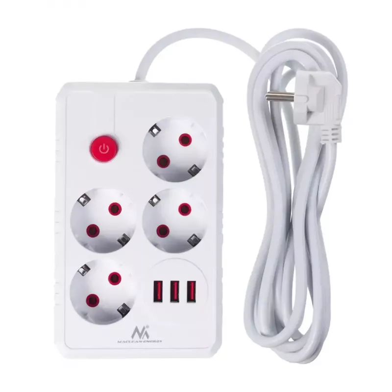 Maitinimo juosta MACLEAN MCE393 W — 4 lizdai + 3×USB, 110–240V, 2,1A USB, 2500W, 3 m, balta