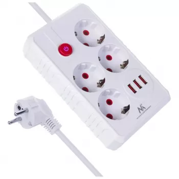 Maitinimo juosta MACLEAN MCE393 W — 4 lizdai + 3×USB, 110–240V, 2,1A USB, 2500W, 3 m, balta