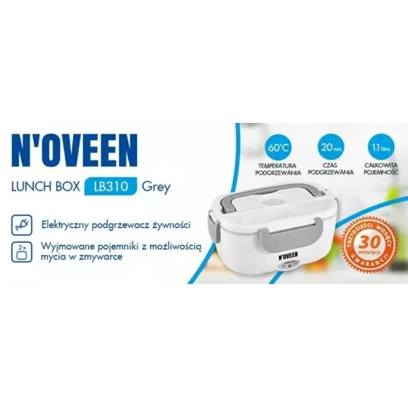 NOVEEN LB310 Electric Lunch Box Pilka – nešiojamas maisto šildytuvas, USB maitinamas, vieno skyriaus