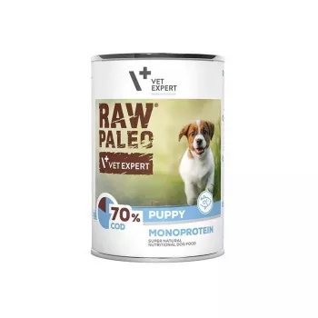 Šlapias ėdalas šuniukams VETEXPERT RAW PALEO Puppy Monoprotein Menkė 400 g, be grūdų, jaunikliams, skardinė