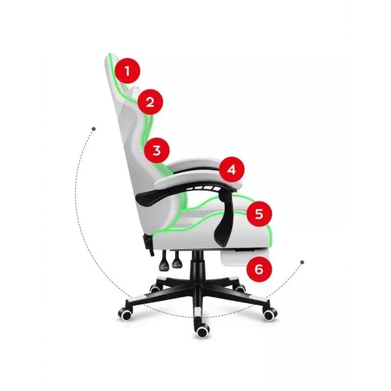 Žaidimų kėdė Huzaro FORCE 4.7 RGB White – medžiaginis kaušinis sėdynė, maks. apkrova 140 kg, aukštis reguliuojamas 43–53 cm, atlošo kampas 90–140°