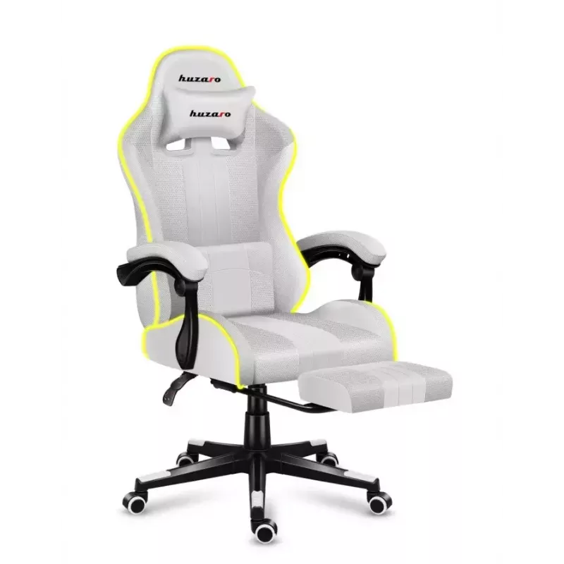 Žaidimų kėdė Huzaro FORCE 4.7 RGB White – medžiaginis kaušinis sėdynė, maks. apkrova 140 kg, aukštis reguliuojamas 43–53 cm, atlošo kampas 90–140°