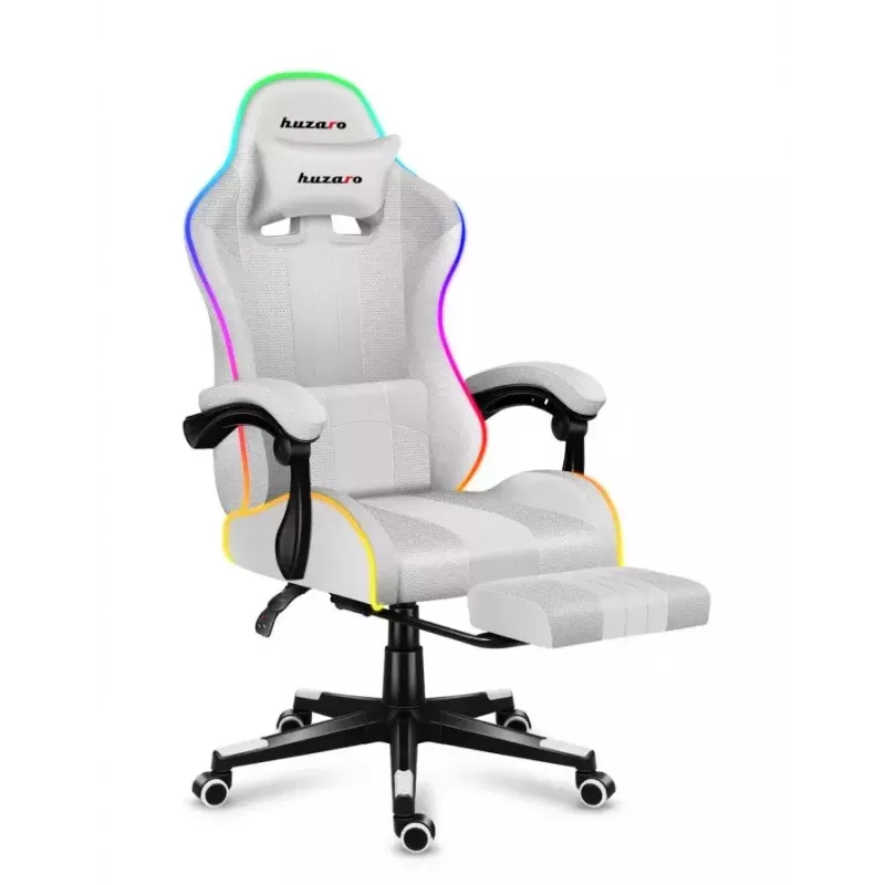 Žaidimų kėdė Huzaro FORCE 4.7 RGB White – medžiaginis kaušinis sėdynė, maks. apkrova 140 kg, aukštis reguliuojamas 43–53 cm, atlošo kampas 90–140°