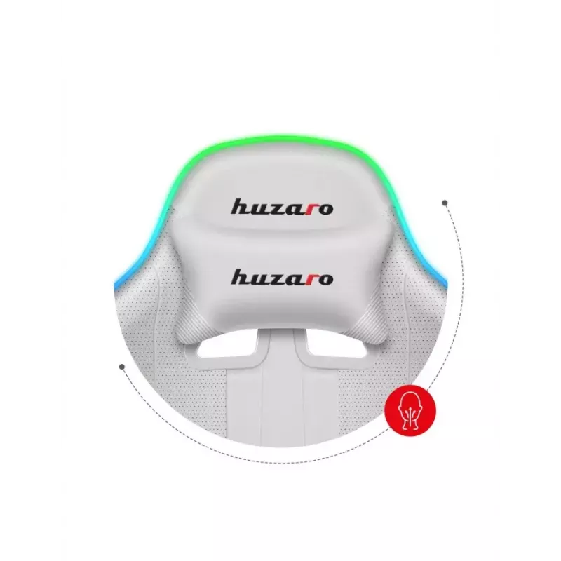 Žaidimų kėdė Huzaro FORCE 4.7 RGB White – medžiaginis kaušinis sėdynė, maks. apkrova 140 kg, aukštis reguliuojamas 43–53 cm, atlošo kampas 90–140°