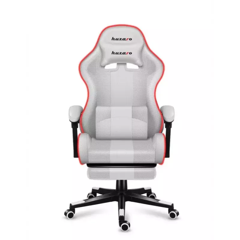 Žaidimų kėdė Huzaro FORCE 4.7 RGB White – medžiaginis kaušinis sėdynė, maks. apkrova 140 kg, aukštis reguliuojamas 43–53 cm, atlošo kampas 90–140°