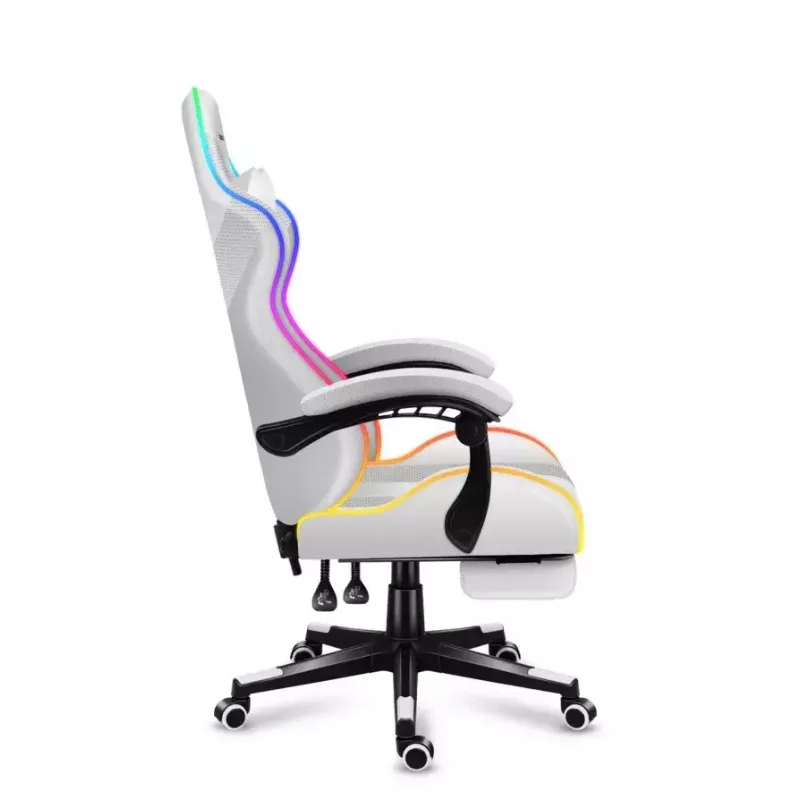 Žaidimų kėdė Huzaro FORCE 4.7 RGB White – medžiaginis kaušinis sėdynė, maks. apkrova 140 kg, aukštis reguliuojamas 43–53 cm, atlošo kampas 90–140°