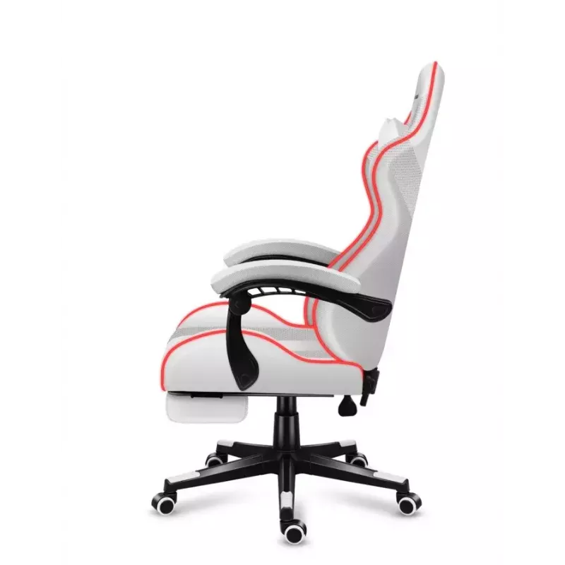 Žaidimų kėdė Huzaro FORCE 4.7 RGB White – medžiaginis kaušinis sėdynė, maks. apkrova 140 kg, aukštis reguliuojamas 43–53 cm, atlošo kampas 90–140°