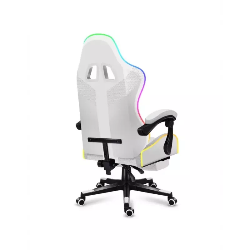 Žaidimų kėdė Huzaro FORCE 4.7 RGB White – medžiaginis kaušinis sėdynė, maks. apkrova 140 kg, aukštis reguliuojamas 43–53 cm, atlošo kampas 90–140°
