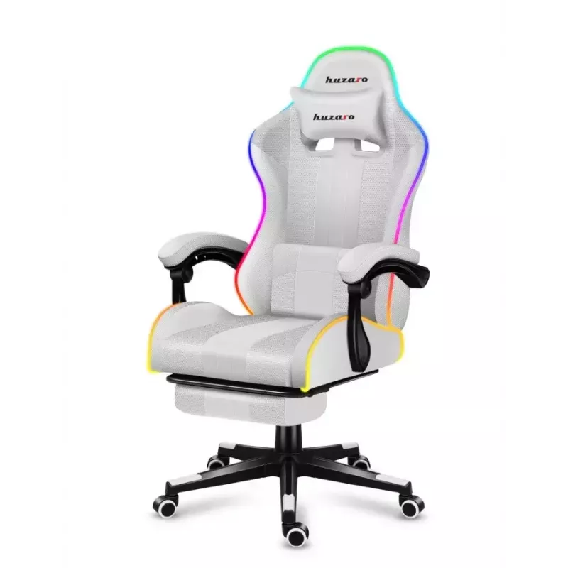 Žaidimų kėdė Huzaro FORCE 4.7 RGB White – medžiaginis kaušinis sėdynė, maks. apkrova 140 kg, aukštis reguliuojamas 43–53 cm, atlošo kampas 90–140°