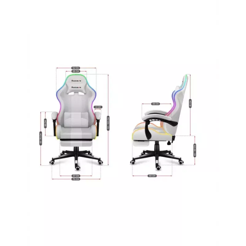 Žaidimų kėdė Huzaro FORCE 4.7 RGB White – medžiaginis kaušinis sėdynė, maks. apkrova 140 kg, aukštis reguliuojamas 43–53 cm, atlošo kampas 90–140°