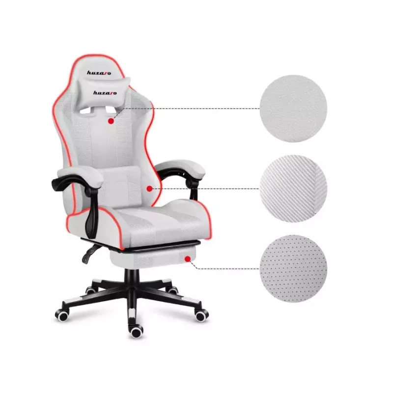 Žaidimų kėdė Huzaro FORCE 4.7 RGB White – medžiaginis kaušinis sėdynė, maks. apkrova 140 kg, aukštis reguliuojamas 43–53 cm, atlošo kampas 90–140°