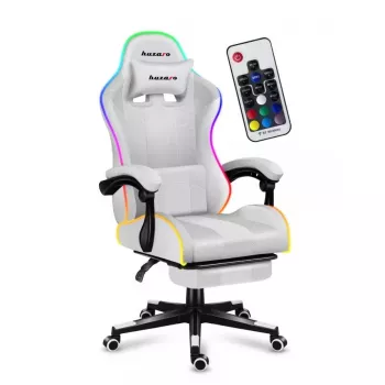 Žaidimų kėdė Huzaro FORCE 4.7 RGB White – medžiaginis kaušinis sėdynė, maks. apkrova 140 kg, aukštis reguliuojamas 43–53 cm, atlošo kampas 90–140°