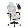 Žaidimų kėdė Huzaro FORCE 4.7 RGB White – medžiaginis kaušinis sėdynė, maks. apkrova 140 kg, aukštis reguliuojamas 43–53 cm, atlošo kampas 90–140°