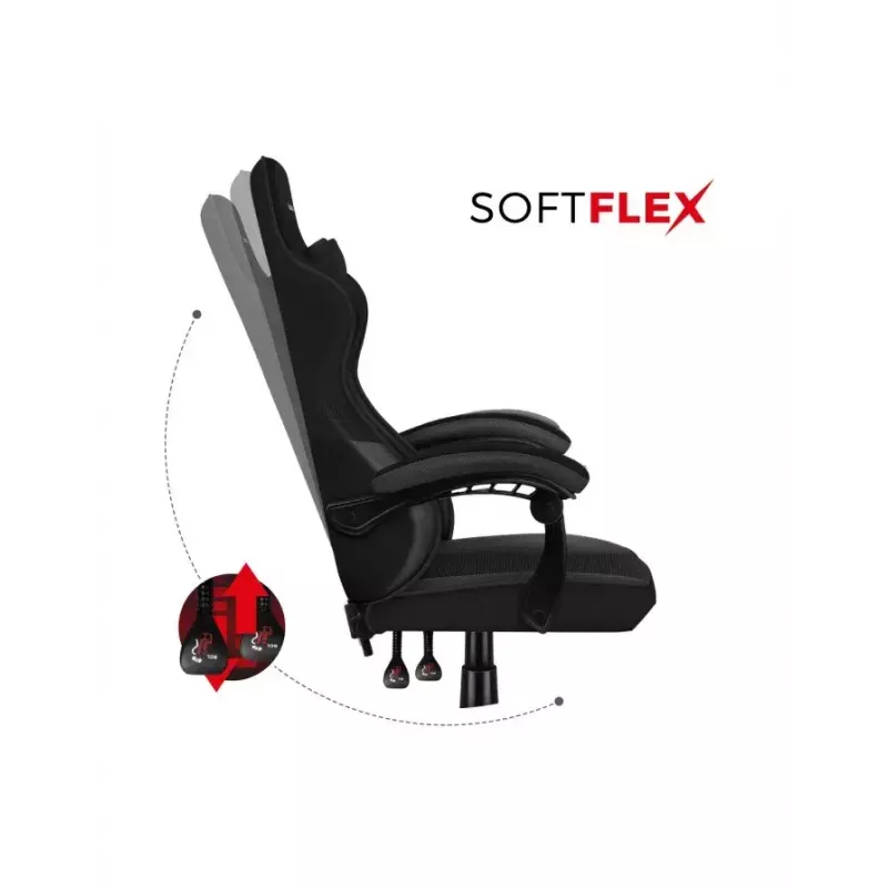 Gaming kėdė Huzaro FORCE 4.4 CARBON — medžiaginis kaušinis sėdynė, aukštis 115–125 cm, maks. apkrova 130 kg, plieninis pagrindas, reguliuojami porankiai