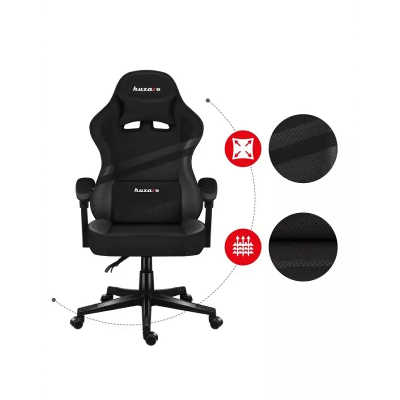 Gaming kėdė Huzaro FORCE 4.4 CARBON — medžiaginis kaušinis sėdynė, aukštis 115–125 cm, maks. apkrova 130 kg, plieninis pagrindas, reguliuojami porankiai