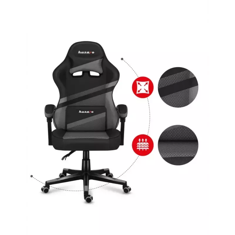 Žaidimų kėdė Huzaro FORCE 4.4 Bucket Seat Juoda Pilka — tinklinis audinys, max 130 kg, aukštis 45–55 cm, 5 ratukų