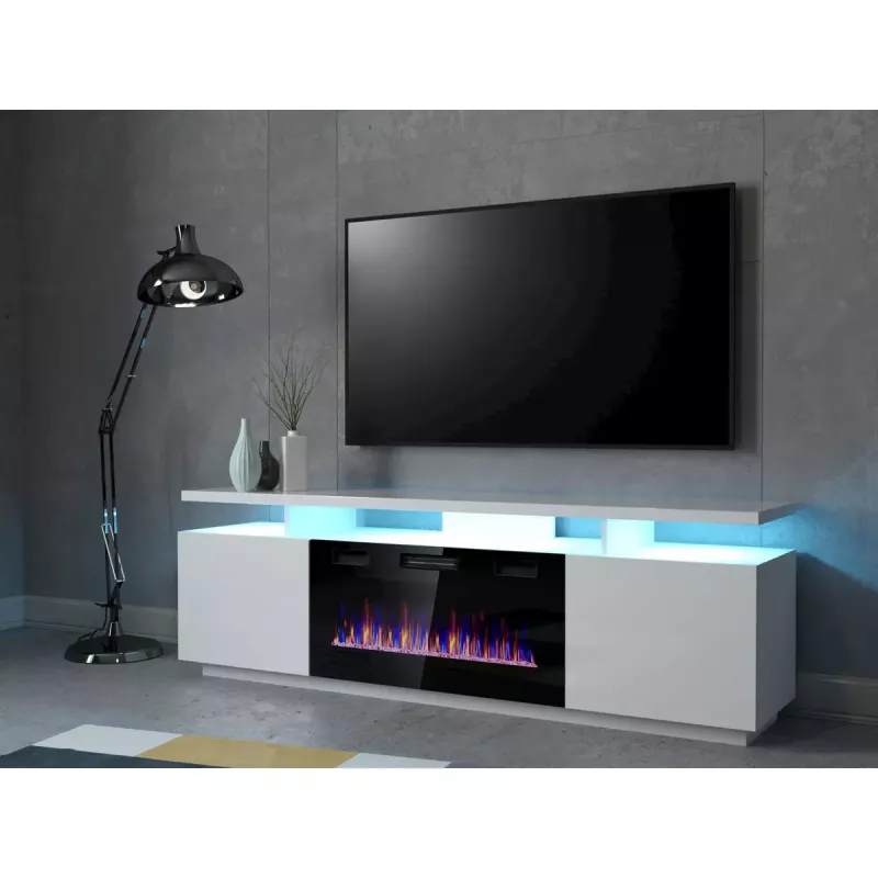 Stalelis televizoriui Cama Meble EVA su elektriniu židiniu 180×40×52 cm, baltas rėmas, blizgūs balti durys, MDF viršus