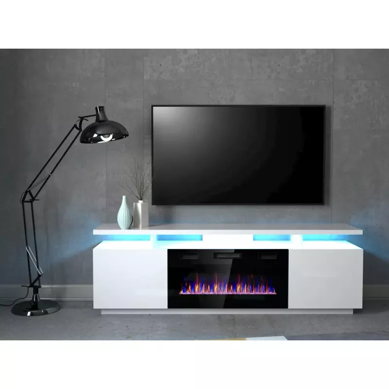 Stalelis televizoriui Cama Meble EVA su elektriniu židiniu 180×40×52 cm, baltas rėmas, blizgūs balti durys, MDF viršus