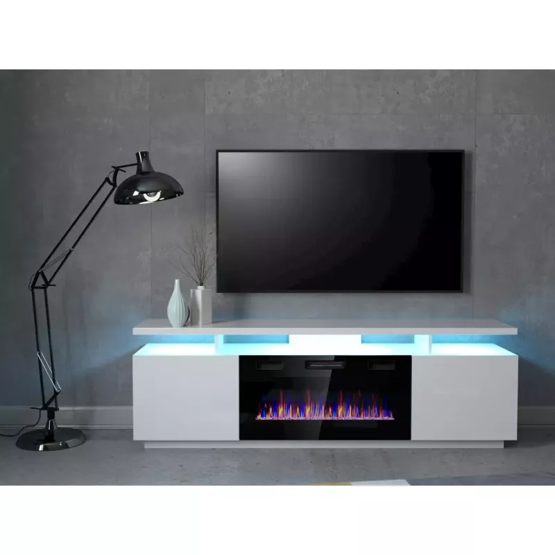 Stalelis televizoriui Cama Meble EVA su elektriniu židiniu 180×40×52 cm, baltas rėmas, blizgūs balti durys, MDF viršus