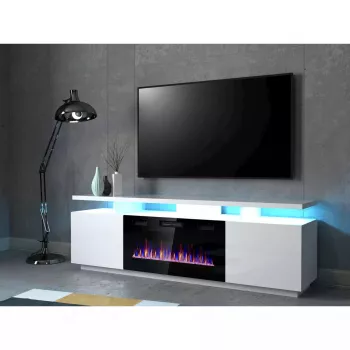 Stalelis televizoriui Cama Meble EVA su elektriniu židiniu 180×40×52 cm, baltas rėmas, blizgūs balti durys, MDF viršus