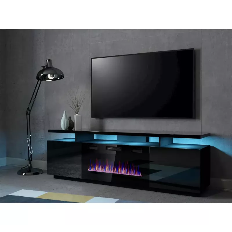 TV spintelė Cama Meble EVA su elektriniu židiniu 180x40x52 cm, juoda/blizganti juoda