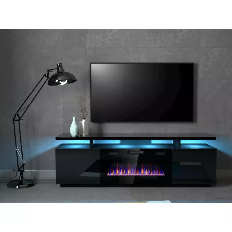 TV spintelė Cama Meble EVA su elektriniu židiniu 180x40x52 cm, juoda/blizganti juoda
