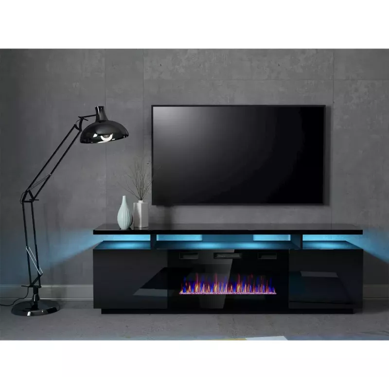 TV spintelė Cama Meble EVA su elektriniu židiniu 180x40x52 cm, juoda/blizganti juoda