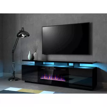 TV spintelė Cama Meble EVA su elektriniu židiniu 180x40x52 cm, juoda/blizganti juoda
