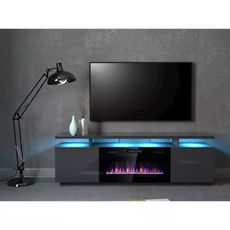 Spintelė televizoriui Cama Meble EVA su elektriniu židiniu 180x40x52 cm grafitas/blizgus grafitas