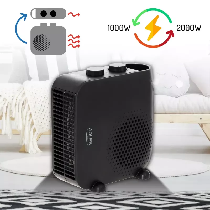 Elektrinis ventiliatorinis šildytuvas Adler AD 7725B, 2000 W, 2 galios lygiai, reguliuojamas termostatas, juodas