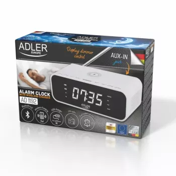 Žadintuvas Adler AD 1192W belaidžiu įkrovikliu ir AUX įvestimi, baltas