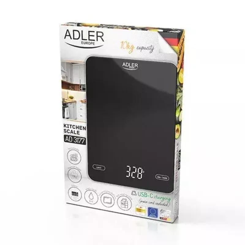 Virtuvinės elektroninės svarstyklės Adler AD 3177b – 10 kg talpa, 1 g tikslumas, juodos spalvos, stiklinis paviršius
