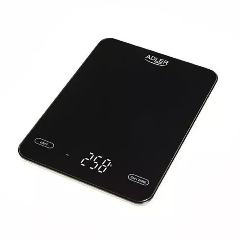 Virtuvinės elektroninės svarstyklės Adler AD 3177b – 10 kg talpa, 1 g tikslumas, juodos spalvos, stiklinis paviršius