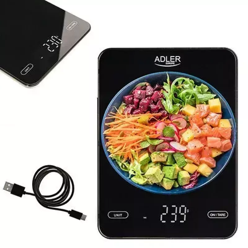 Virtuvinės elektroninės svarstyklės Adler AD 3177b – 10 kg talpa, 1 g tikslumas, juodos spalvos, stiklinis paviršius