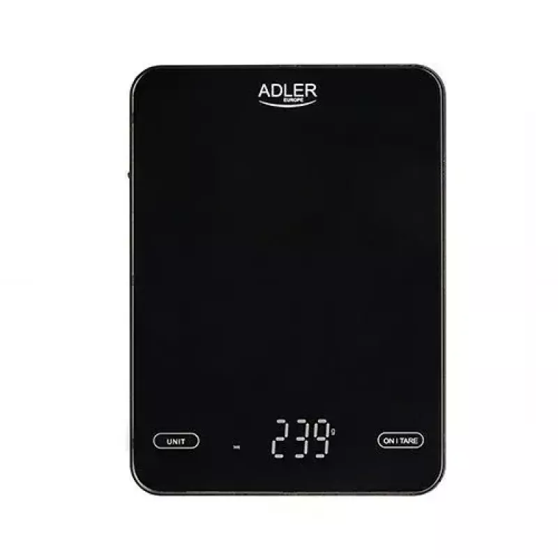 Virtuvinės elektroninės svarstyklės Adler AD 3177b – 10 kg talpa, 1 g tikslumas, juodos spalvos, stiklinis paviršius