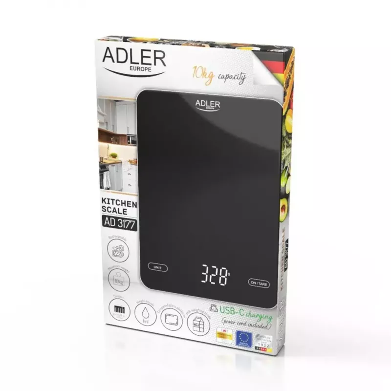 Virtuvinės elektroninės svarstyklės Adler AD 3177b – 10 kg talpa, 1 g tikslumas, juodos spalvos, stiklinis paviršius